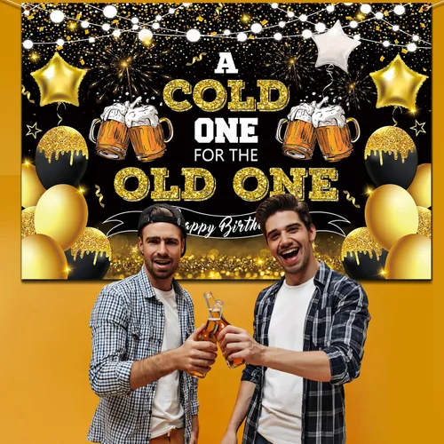 Miniatura 5 de Decoraciones de fiesta de cerveza, telón de fondo de feliz cumpleaños negro y dorado para hombres, un frío para el anciano, pancarta de fondo