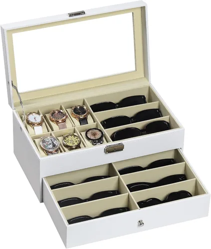 AUTOARK AW-131 - Caja de cuero para 6 relojes, joyero y 9 piezas para guardar lentes de sol y lentes de sol, cajón organizador con cerradura, color