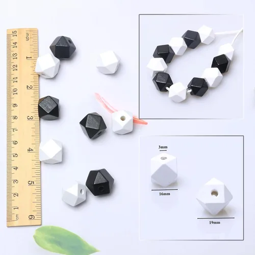 Miniatura 4 de 100 cuentas geométricas de madera de 0.630 in, cuentas espaciadoras de madera con forma de polígono en blanco y negro para proyectos