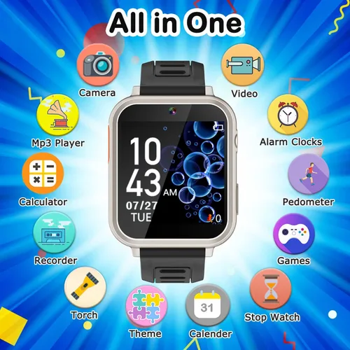 Miniatura 2 de Reloj inteligente para niños con 24 juegos de rompecabezas, pantalla táctil HD, cámara de video, reproductor de música, podómetro, alarma