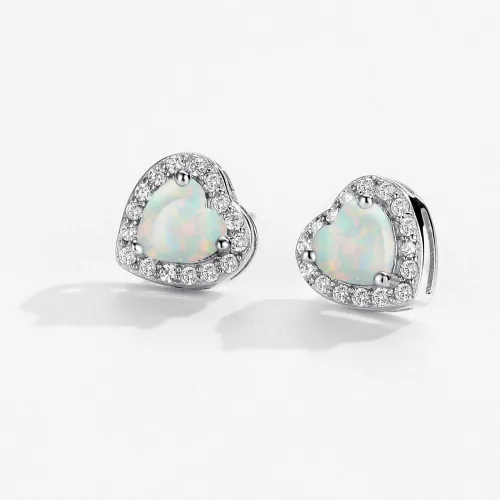 Miniatura 3 de Pendientes de ópalo de plata de ley con forma de corazón de circonio cúbico de octubre de piedra natal