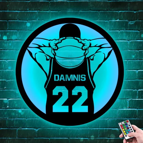 Miniatura 3 de Letrero de metal personalizado para jugador de baloncesto con luz LED, nombre y número personalizados, arte de pared de baloncesto, decoración