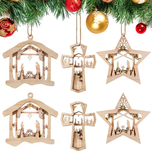 Miniatura 16 de Blulu Juego de 4 piezas de adornos navideños de escena de la natividad, set de regalo a granel, adorno colgante de madera cristiano 3D para árbol