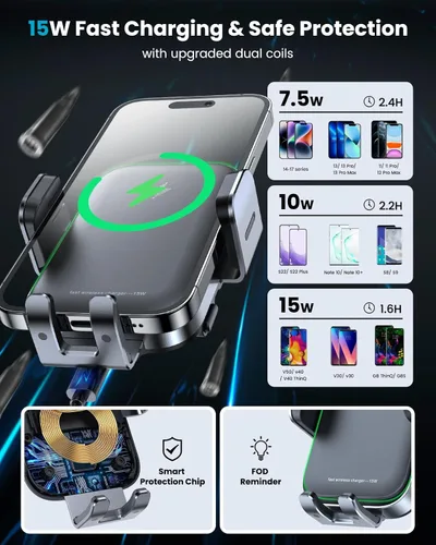Miniatura 4 de APPS2Car Cargador inalámbrico de doble bobina para automóvil, sujeción automática de 15 W, soporte de carga inalámbrica para teléfono, soporte