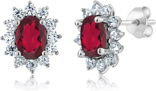 Miniatura 50 de Gem Stone King Aretes ovalados de plata de ley 925 de 0.276 x 0.197 in con piedra natal de la princesa Diana, estilo halo real para mujeres