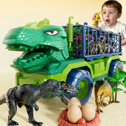 Miniatura 10 de Juguetes de dinosaurio para niños de 3 a 5 años, juego de camión de transporte de dinosaurios con 8 figuras de dinosaurio y tapete de juego, regalo