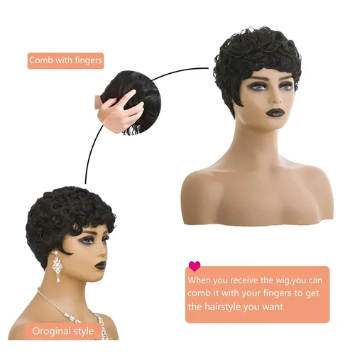 Miniatura 5 de Pelucas cortas Pixie para mujeres negras, corte Pixie negro natural, pelucas cortas y rizadas afroamericanas, pelo sintético con flequillo