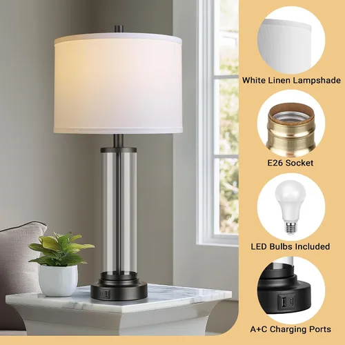 Miniatura 6 de QiMH Juego de 2 lámparas de mesa con control táctil con puertos USB, lámpara de noche regulable de 3 vías para sala de estar, dormitorio, casa