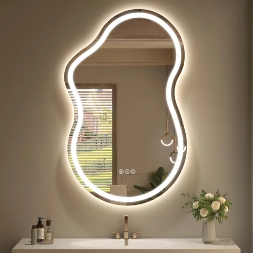 Miniatura 19 de SMIROR Espejo de Baño Retroiluminado Irregular con Luces 20 x 32, Espejo de Tocador con Luz LED Asimétrica en Forma de Nube para Pared