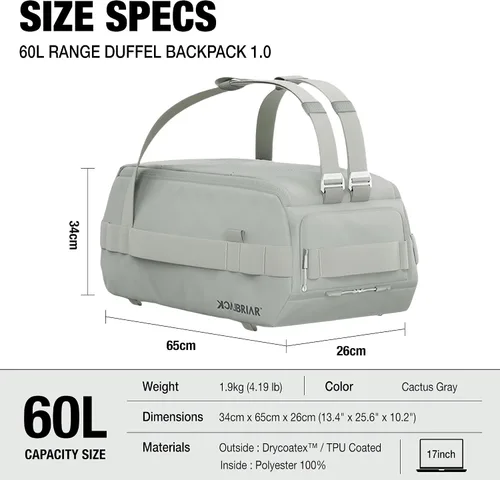Miniatura 3 de Blackbriar Range Duffel - Mochila convertible de 60 litros color gris cactus, con acceso magnético patentado, partición modular en S, garaje