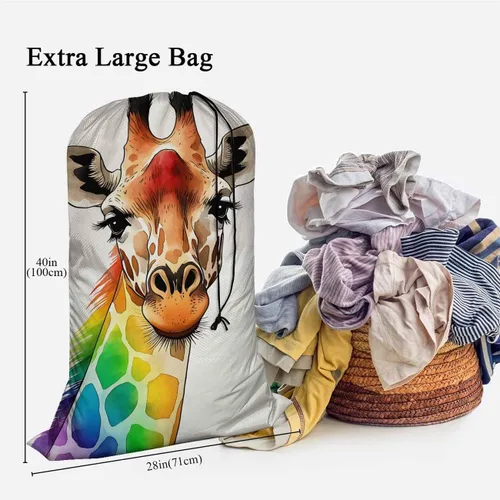 Miniatura 3 de Swono Bolsa de lavandería extra resistente de jirafa colorida, diseño de jirafa arcoíris de acuarela, bolsa con cordón ajustable y tela resistente