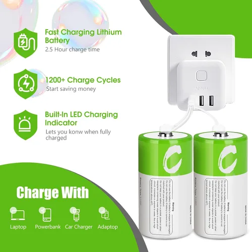 Miniatura 2 de Paquete de 4 baterías C recargables de litio, baterías C de iones de litio de 1.5 V de alta capacidad de 5000 mWh, con cable de carga USB-C 4 en 1