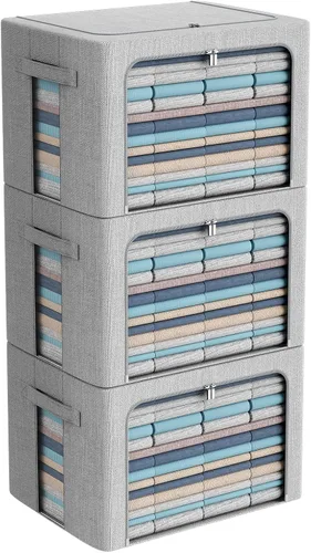 Miniatura 21 de CYhom Paquete de 3 contenedores plegables de almacenamiento - Caja de almacenamiento con marco de tela de lino apilable para ropa con ventana