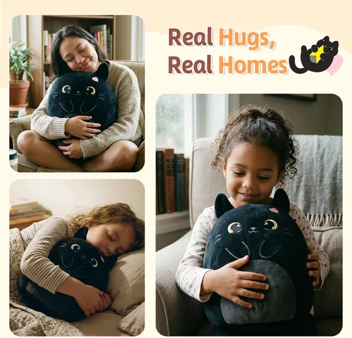 Miniatura 5 de PEACH CAT Animal de peluche original de gato negro de 12 pulgadas, lindo gatito de peluche, juguetes de peluche suaves, regalos para niños