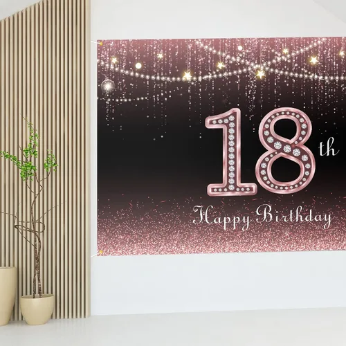 Miniatura 7 de HAMIGAR Fondo de pancarta de feliz cumpleaños número 18 de 6 x 4 pies, decoraciones de cumpleaños de 18 años, suministros de fiesta para niñas, oro