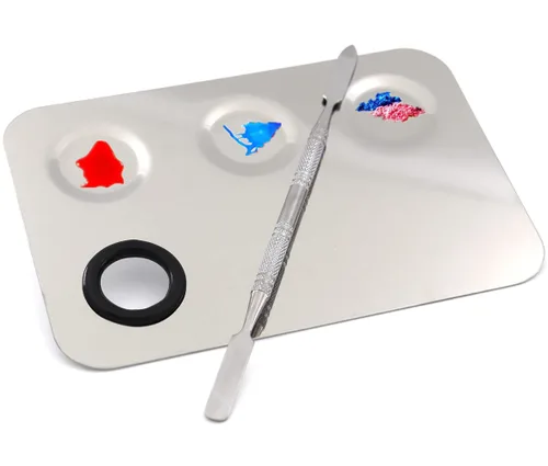 Miamay Paleta de maquillaje de 6 por 4 pulgadas de acero inoxidable 3-abolladuras Nail Art Cosmetic Artist Paleta de mezcla con herramienta de