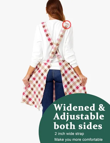 Miniatura 3 de Delantales ajustables con espalda cruzada para mujer con bolsillos de algodón y lino para cocinar y hornear Rojo Plaid