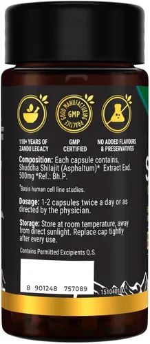 Miniatura 9 de Zandu Cápsulas Shilajit (60 cápsulas) infundidas con bondad de extractos naturales de Shilajit para mejorar la energía y la fuerza en los hombres