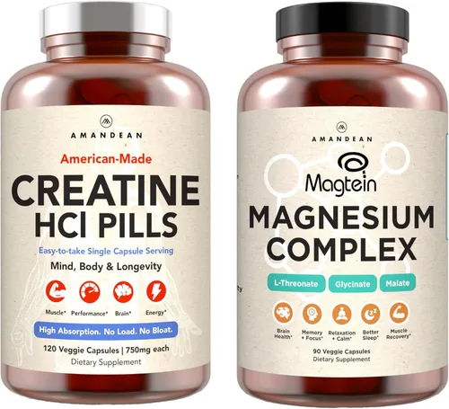AMANDEAN Complejo de magnesio y paquete de creatina HCl premium. Marca y estudiada. CON-CRET. Fabricado en Estados Unidos. Tronato de magnesio de