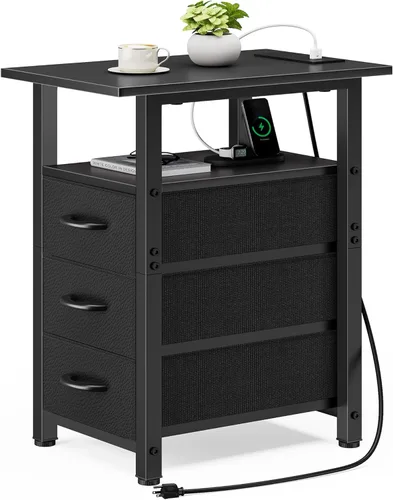 Miniatura 13 de Vagusicc Mesita de noche negra con estación de carga y luces LED, mesa auxiliar estrecha, mesita de noche LED con 3 cajones de tela para dormitorio