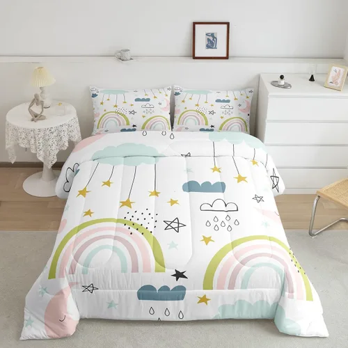 Miniatura 2 de Erosebridal Juego de ropa de cama con diseño de arco iris para niños, tamaño individual para niñas, lindo juego de edredón de dibujos animados