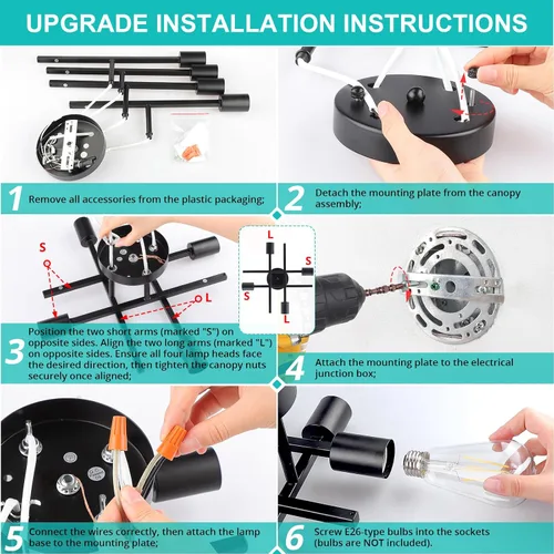 Miniatura 6 de SunRider Lámpara de Techo Industrial Semiempotrada de 4 Luces, Luces de Casa de Campo Moderna Negro Mate, Candelabro Rústico Sputnik para Dormitorio