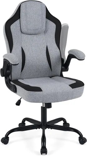Giantex Silla de oficina ergonómica, silla de escritorio de tela de lino con reposabrazos abatibles de 90°, altura ajustable, función mecedora, Gris