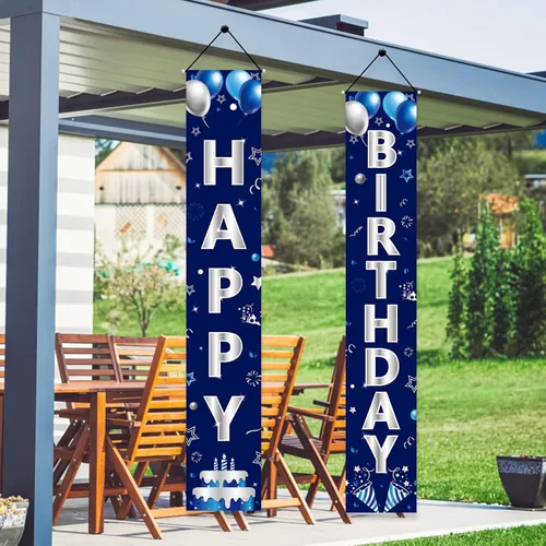 Miniatura 4 de Turypaty Cartel de feliz cumpleaños azul plateado para hombres y niños, cartel de feliz cumpleaños, porche, suministros de fiesta, decoración