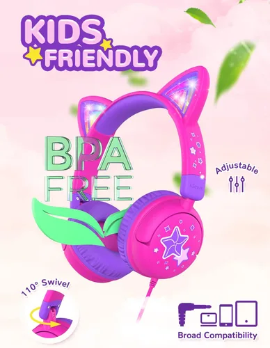 Miniatura 4 de iClever - Auriculares infantiles con diseño de oreja de gato, luz LED, volumen seguro de 85 dBA, auriculares estéreo para niños para viajes