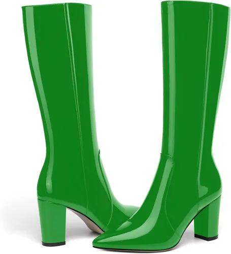 Miniatura 167 de AMBELIGHT Botas altas hasta la rodilla con cremallera y puntera puntiaguda para mujer, de patente sólida, tacón alto, 3.3 pulgadas