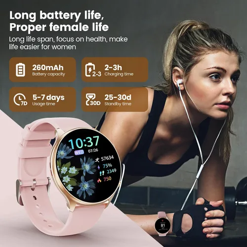 Miniatura 5 de Relojes inteligentes para mujer con rastreador de ciclo menstrual, reloj inteligente de 1.39 pulgadas, monitor de frecuencia cardíaca/sueño