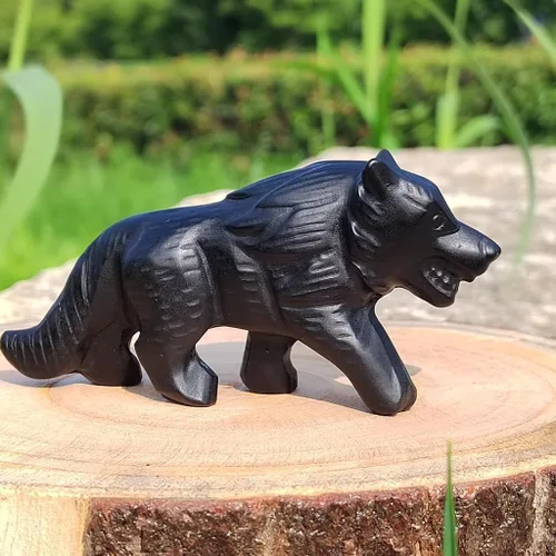 Miniatura 2 de Figura de cristal de calavera de lobo, obsidiana natural, escultura de piedra tallada, estatua de animal en cuarzo negro