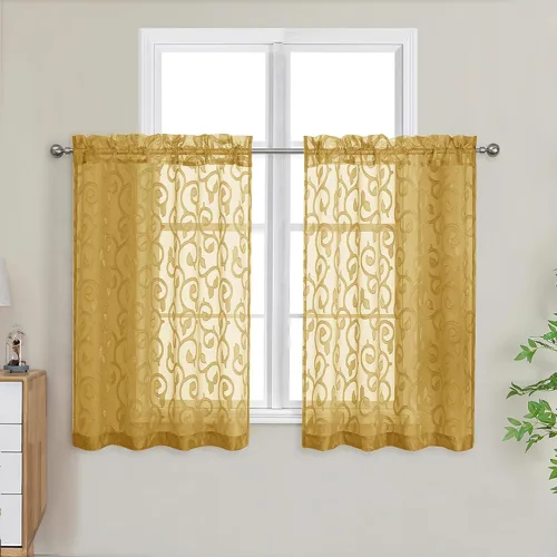 Miniatura 60 de OWENIE Furman - Juego de 2 paneles de cortinas traslúcidas negras de 24 pulgadas de largo, cortinas semitransparentes de jacquard ligeras y aireadas