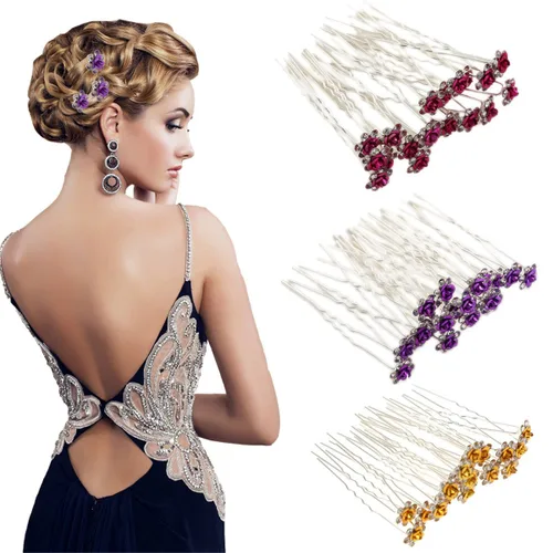 Miniatura 9 de 20pcs Rhinestone Rose Flower Hair Bobby Pin Crystal Bride Wedding Metal Clip de pelo Decoración U forma joyería accesorios, Cabello de cristal