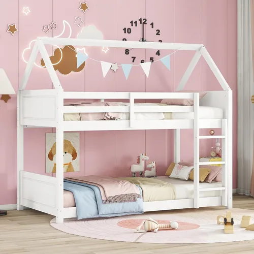 Miniatura 13 de JIVOIT Litera de madera con diseño de techo y ventanas, litera individual sobre individual con nido y escalera integrada para niños, adolescentes