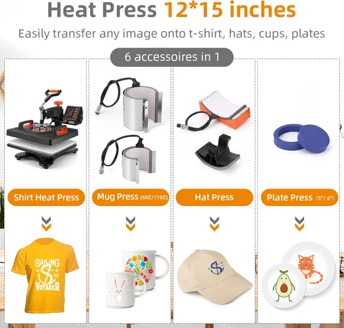 Miniatura 7 de Towallmark Máquina de prensa de calor de 12 x 15 pulgadas, máquina de transferencia de calor 6 en 1, oscilación de 360 grados, multifunción