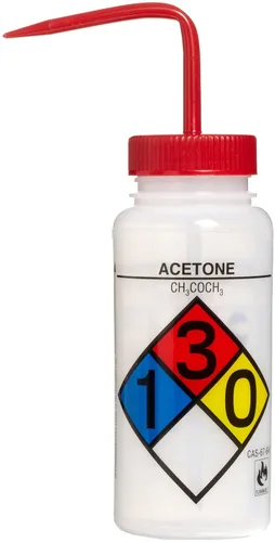 SP Bel-Art Botellas de lavado con etiqueta de seguridad de 4 colores en acetona con boca ancha; 500ml (16oz), polietileno con tapa de polipropileno