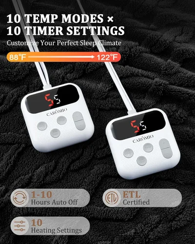 Miniatura 4 de CAROMIO Manta eléctrica tamaño Queen con doble control, manta térmica gruesa de sherpa con 10 niveles de calefacción y 10 ajustes de tiempo, manta