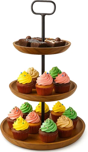 Soporte de exhibición de madera de acacia de 3 niveles, torre rústica para cupcakes, servidor de postres y aperitivos, apilador de queso y