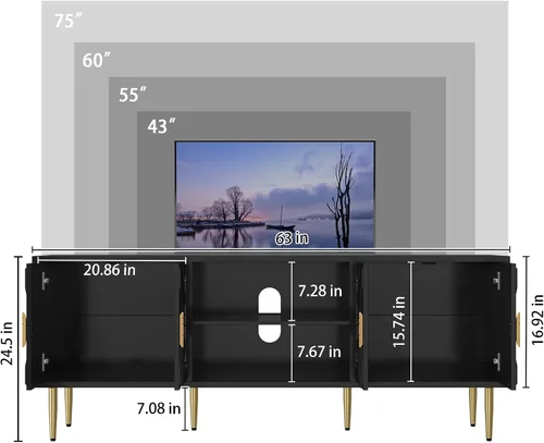 Miniatura 2 de HLR Soporte de TV negro moderno de 63 pulgadas para TV de 65/70/75 pulgadas, centro de entretenimiento con gabinete de almacenamiento, consola de TV