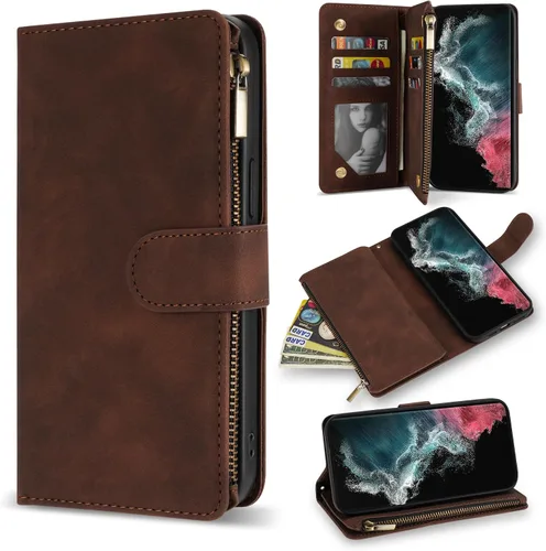 Miniatura 18 de ZZXX Funda para Samsung Galaxy S22 Plus con ranura para tarjeta, piel sintética suave de alta calidad, con cremallera, con correa para la muñeca