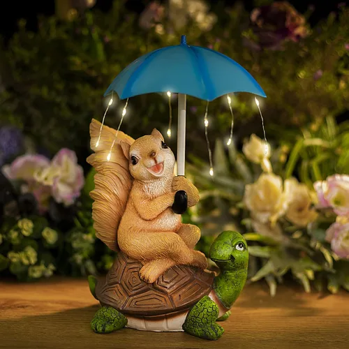 Malister Estatua solar de jardín para decoración al aire libre – Estatua de ardilla sentada en tortuga con luces de cadena de paraguas para patio,