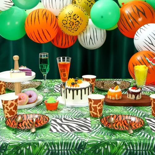 Miniatura 7 de Jerify 169 piezas de suministros de fiesta de cumpleaños con estampado de animales del zoológico de safari de la selva, incluyendo platos de papel