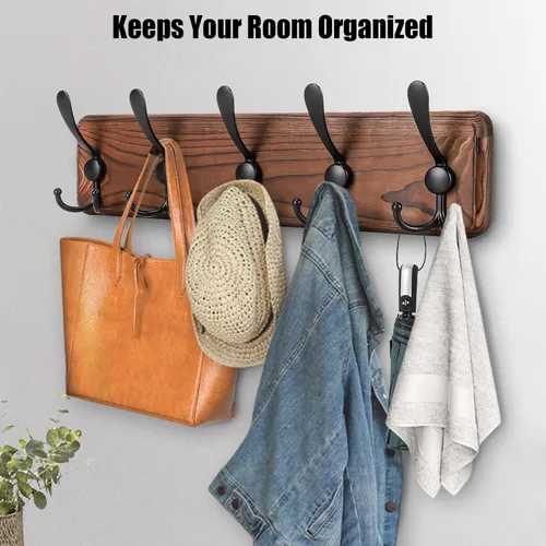 Miniatura 3 de Gohiuo Perchero Rústico para Montaje en Pared, Ganchos de Pared de Madera con 5 Ganchos Triples, Perchero de Madera Resistente para Colgar
