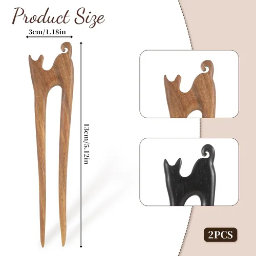 Miniatura 2 de 2 unidades de palos de pelo de madera en forma de U hechos a mano tallada de madera francesa con bonito diseño de gato, 2 puntas, horquillas