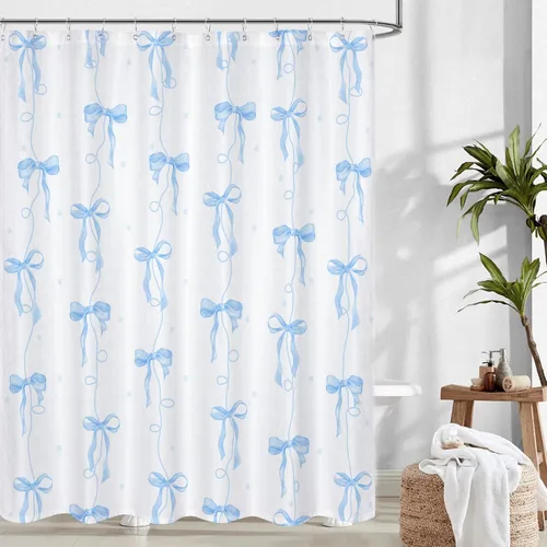 Miniatura 16 de Cortina de ducha con lazo negro, bonita cortina de ducha coqueta estética para adolescentes y niñas, decoración de tela impermeable con 12 ganchos