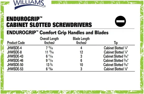 Miniatura 4 de Williams JHWSDE-53 Endurogrip Destornillador ranurado para gabinete con mango de agarre cómodo de primera calidad, longitud de hoja de 3 pulgadas