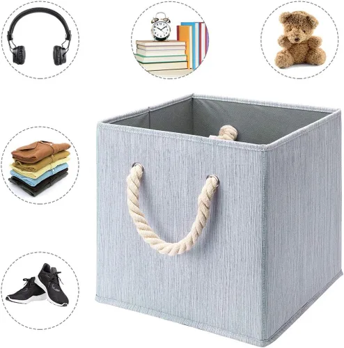 Miniatura 3 de Contenedores plegables de almacenamiento de tela de bambú gris, plegable, resistente, con asa de cuerda de algodón, para oficina en casa
