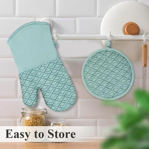 Miniatura 5 de Juego de soportes para ollas y guantes de horno con agarre de silicona antideslizante, almohadillas calientes resistentes al calor para cocina