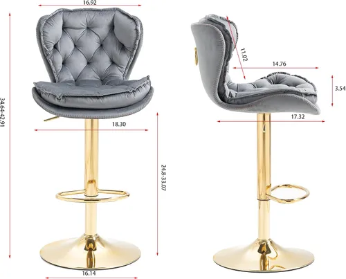 Miniatura 2 de Set of 2 Stools,with Footrest,Velvet,Metal Leg, Upholstered,Base Swivel, Height Adjustable,Comfortable Seating,with backrest,Living Room, Dining